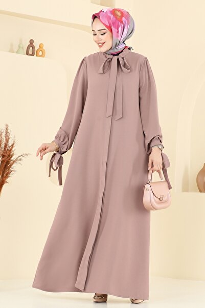 ModaMerve Manşeti Bağcıklı Elbise Ferace 0039BG354-MS Koyu Vizyon