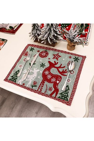 Teo Table Napkin, Reindeer and Globes Pattern, Christmas Theme, Table Towel, 47x33 cm, Cotton and Linen