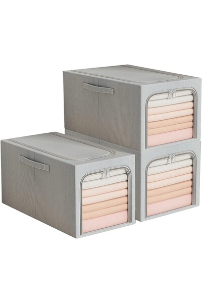 Flippy Storage Box, Flippy, 49L, Linen and Cotton, Foldable, Steel Frame, 47 x 35 x 30 cm, Smoky Blue