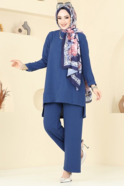 ModaMerve Yandan Yırtmaçlı Tesettür Takım 0047UZ662-MS İndigo