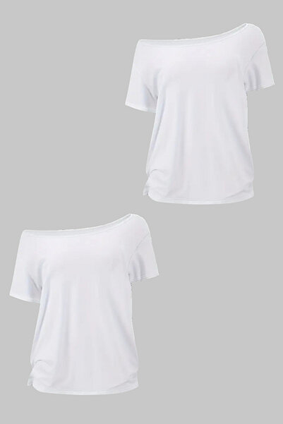 Tarz Cool White 2 Pack Women's Off Shoulder Boat Neck Oversize T-Shirt