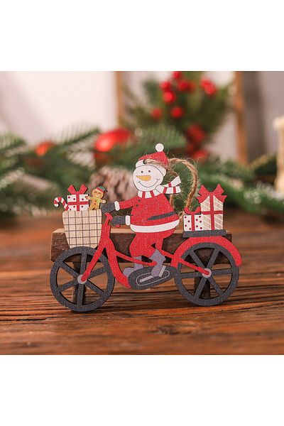 Teo Wooden Christmas Decoration, with String for Hanging on the Tree, Snowman on a Bicycle Model,