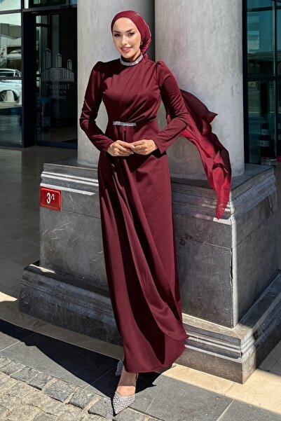 ModaMerve Taş Detaylı Krep Abiye 4645ALG474-MS Bordo