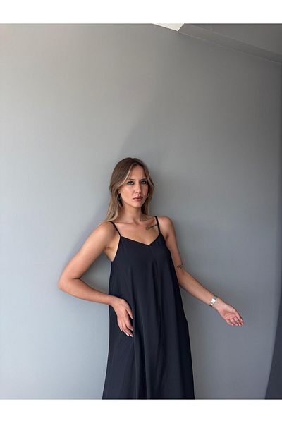 AlisaSu Women's Black Casual Midi Length Dress with Rope Strap