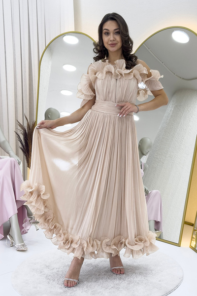 thezkscom Kadın Düşük Omuz Askılı Volan Detaylı Midi Boy Abiye Elbise Krem, Pudra