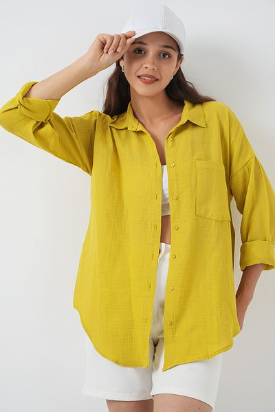 Bigdart Women's Single Pocket Oversize Muslin Shirt 20353 - Mustard