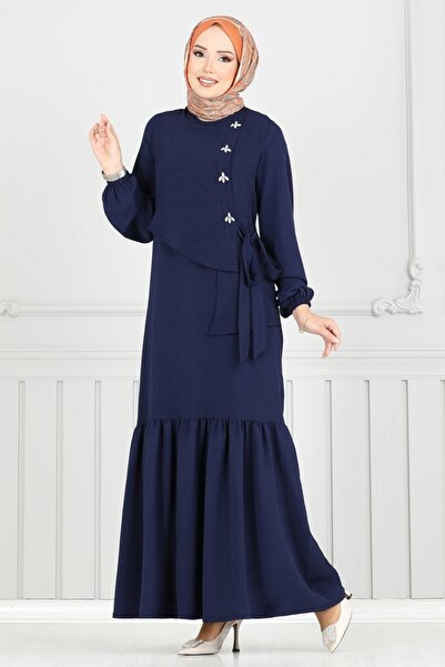 ModaMerve Front Stone Hijab Dress 2680Sl432-Ms Navy
