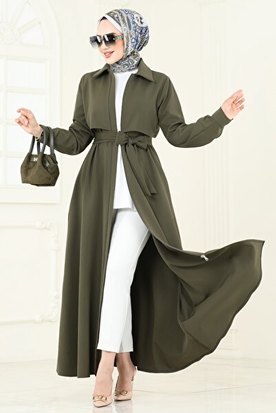 ModaMerve Gizli Fermuarlı Pardesü Ferace 2630SL432-MS Haki