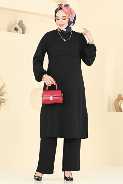 ModaMerve Manşeti Lastikli Tesettür Takım 2625SL432-MS Siyah