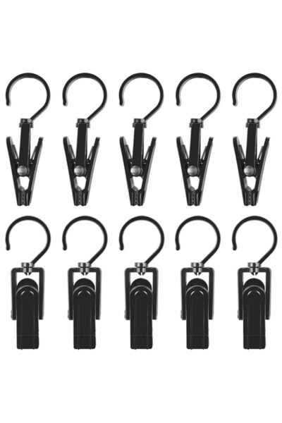 Generic مشابك ملابس متينة مع خطافات، مجموعة من 10 قطع، بلاستيك أسود، وزن كل ق...