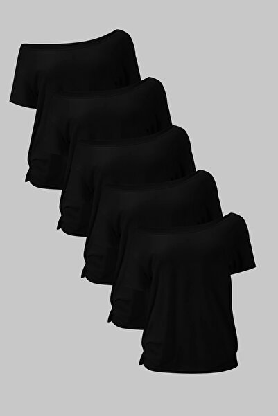 Tarz Cool Pachet de 5 tricouri negre pentru femei, cu decolteu barcă, oversize