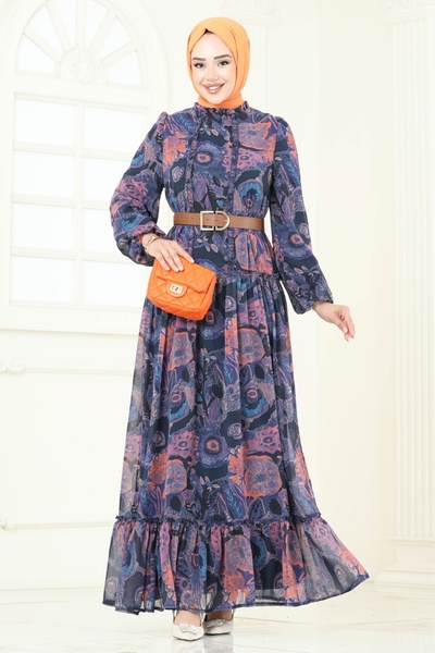 ModaMerve Patterned Chiffon Dress 5307Al357-Ms Orange
