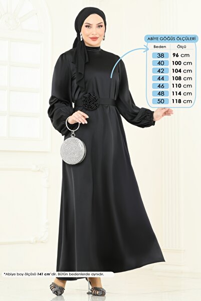 ModaMerve Kemeri Güllü Saten Abiye 5674EDF311-MS Siyah