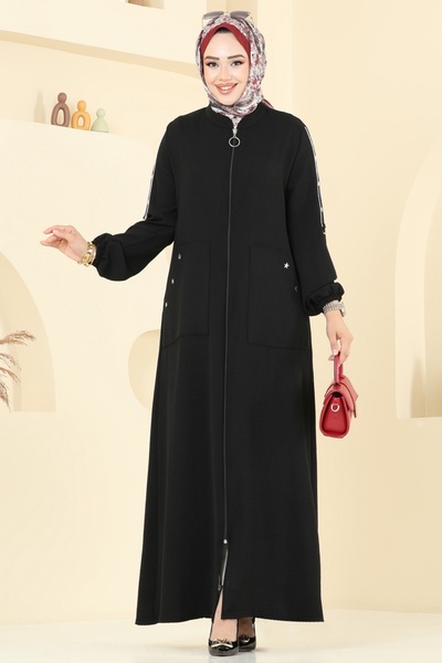 ModaMerve Manşeti Lastikli Aerobin Ferace 9158PLK541-MS Siyah