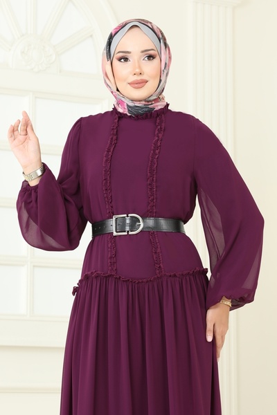 ModaMerve Desenli Şifon Elbise 5307AL357-MS Mürdüm