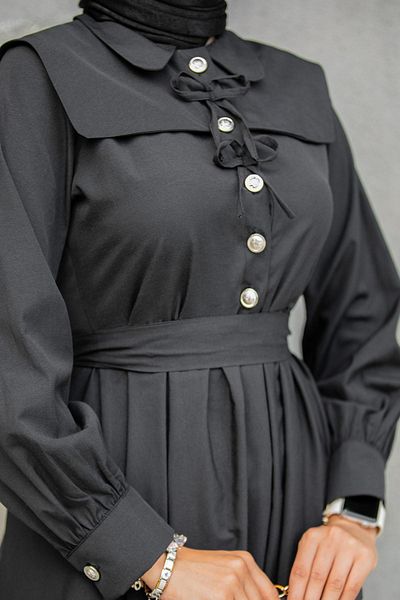 Tesettür Çarşım Ninna Collar Detail Cotton Dress-Black