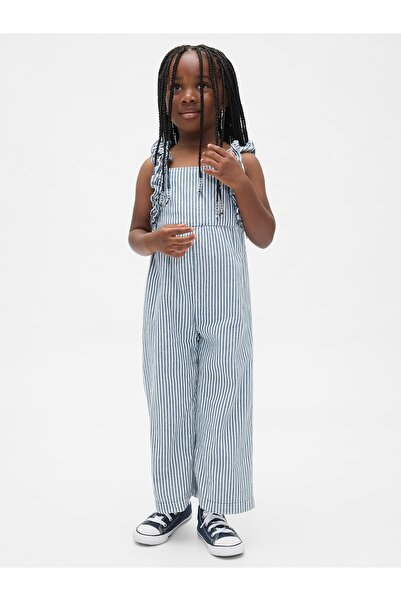 GAP Kız Bebek Çizgili Denim Çizgili Volanlı Tulum