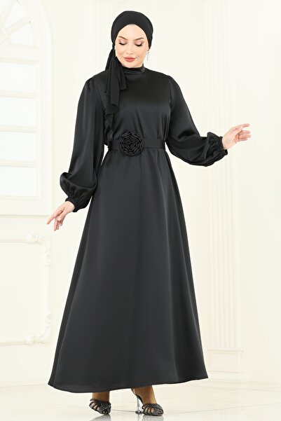 ModaMerve Kemeri Güllü Saten Abiye 5674EDF311-MS Siyah