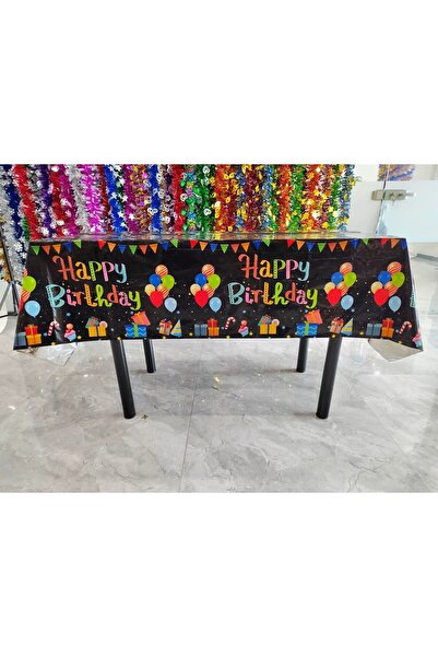 Teo Tablecloth, , Foil, Happy Birthday with Balloons Print, 137 x 274 cm, Black