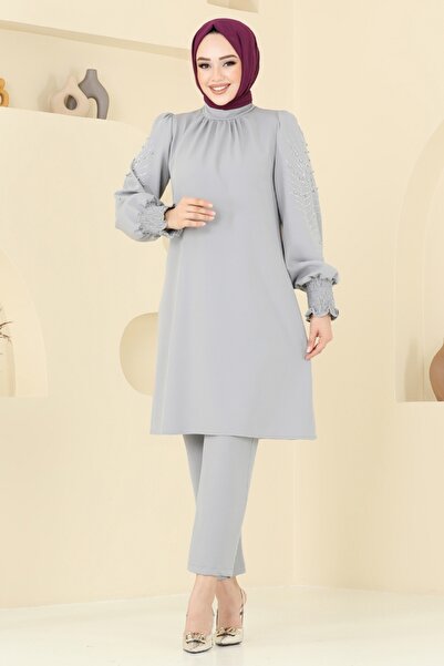 ModaMerve Kolları Taşlı Tesettür Takım 5677EDF311-MS Gri