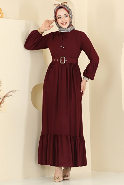 ModaMerve Coated Belt Dress 7123Bg354-Ms Burgundy
