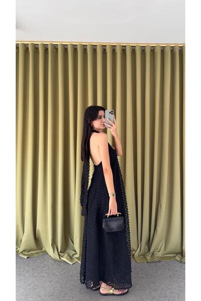 HAZELANNA Boyun Bağlamalı Dokulu Siyah Elbise