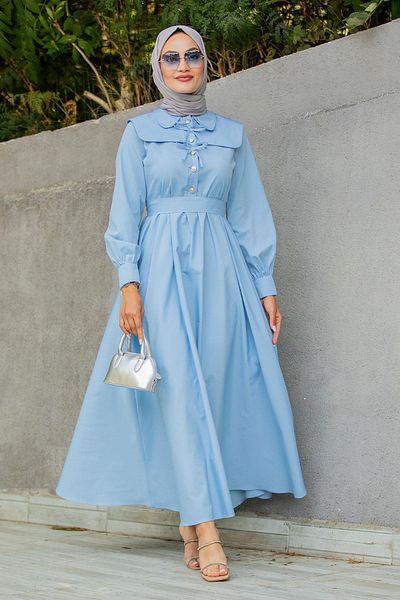 Tesettür Çarşım Ninna Collar Detail Cotton Dress-Bebeblue