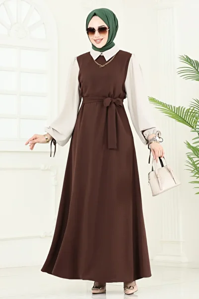 ModaMerve Aerobin Dress with Sleeves Lace-Up 555S324-Ms Coffee