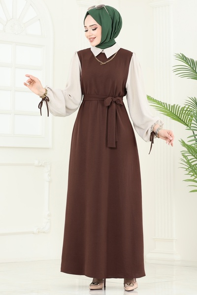 ModaMerve Aerobin Dress with Sleeves Lace-Up 555S324-Ms Coffee