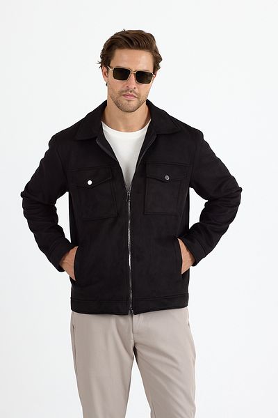GEİO Men's Regular Fit Collar Zippered Lined Nubuck Jacket