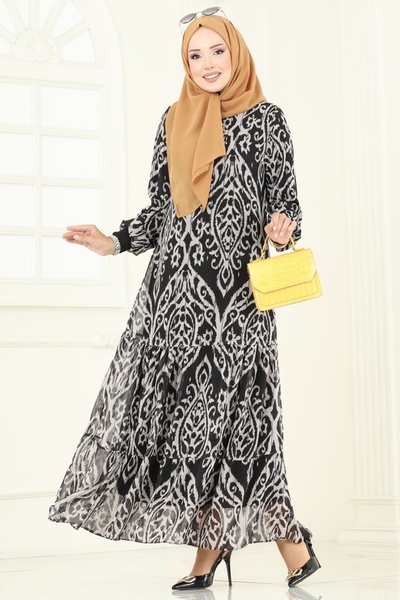 ModaMerve Ethnic Pattern Chiffon Dress 6071Uz662-Ms Pattern3 Vision&Black