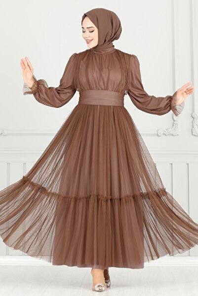 ModaMerve Manşeti Lastikli Tül Abiye 5684EDF311-MS Koyu Vizyon