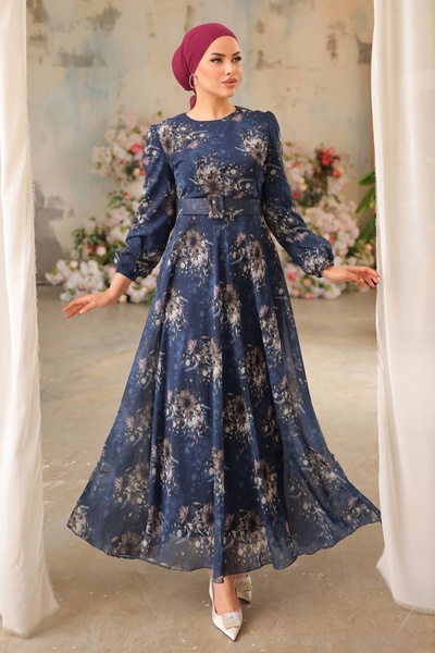 ModaMerve Desenli Kemerli Şifon Elbise 5206AL357-MS Laci