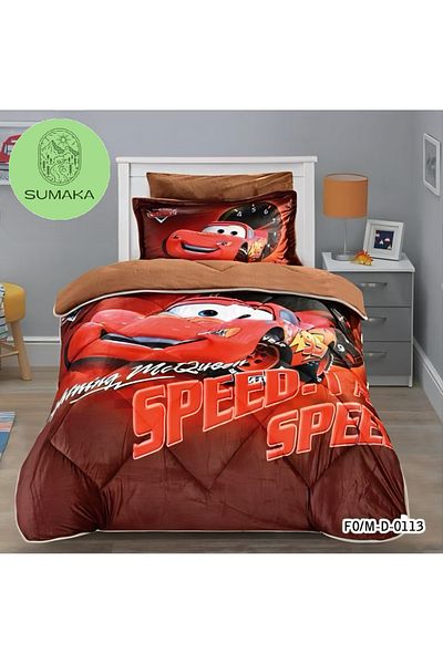 SUMAKA Kids Bedspread -Lightning McQueen-Set of 4 Pieces Print Quilt (comforter) Set- Velvet Lined with Fur