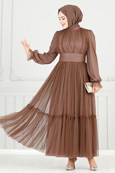 ModaMerve Manşeti Lastikli Tül Abiye 5684EDF311-MS Koyu Vizyon