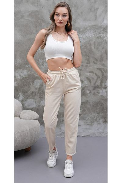 Rich Star Tasseled Narrow Leg Linen Trousers with Elastic Waist
