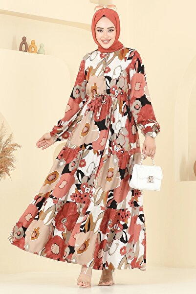 ModaMerve Floral Patterned Viscose Dress 7129Bg354-Ms Salmon