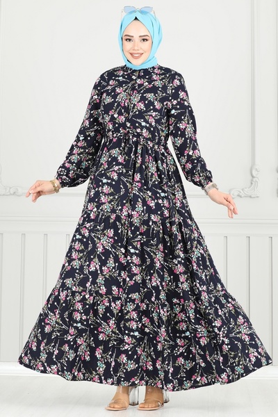 ModaMerve Çiçek Desen Tesettür Elbise 7122BG354-MS Laci