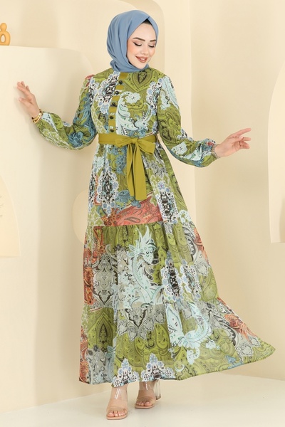 ModaMerve Ethnic Pattern Chiffon Dress 5297Al357-Ms Fat Green