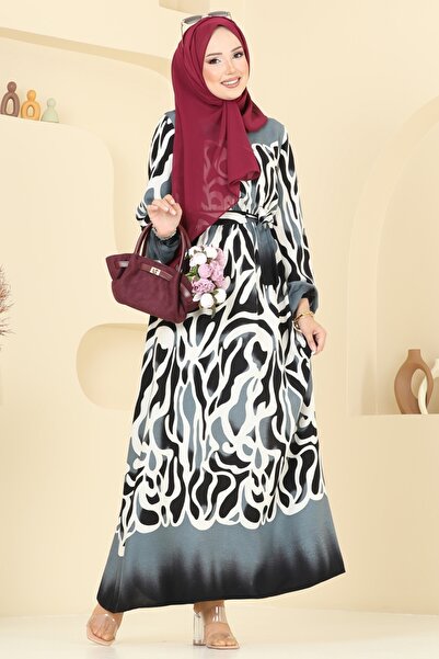 ModaMerve Patterned Dress with Elastic Waist 7127Bg354-Ms Black