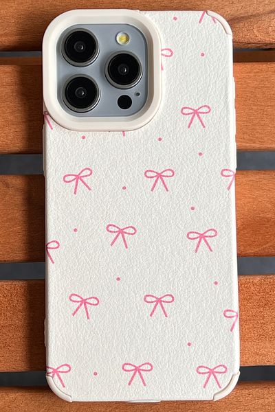 EDELFU iPhone 15 Pro Max - Bow Pattern Cream Case - Soft Silicone, Embossed Leather Texture Cover