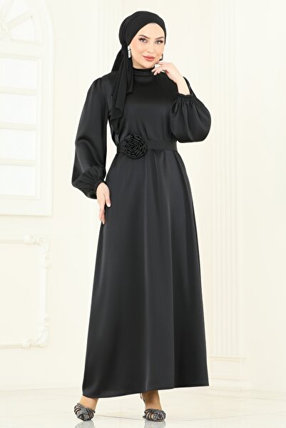 ModaMerve Kemeri Güllü Saten Abiye 5674EDF311-MS Siyah