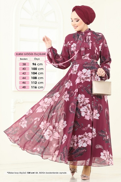 ModaMerve Fular Yakalı Şifon Elbise 5188AL357-MS Bordo