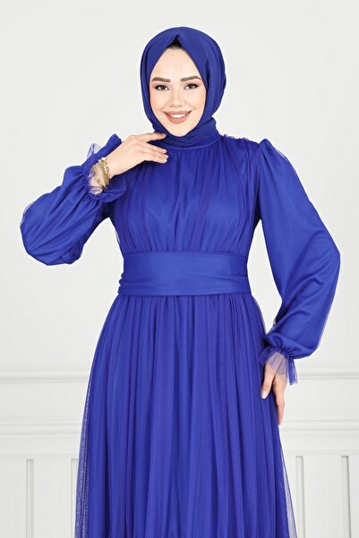 ModaMerve Manşeti Lastikli Tül Abiye 5684EDF311-MS Saks