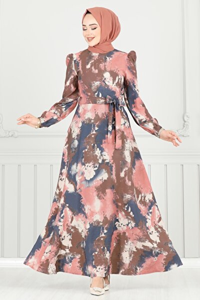 ModaMerve Manşeti Lastikli Desenli Elbise 9034S324-MS Pudra