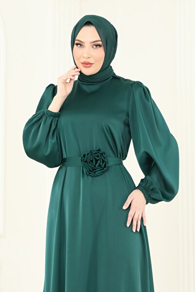 ModaMerve Kemeri Güllü Saten Abiye 5674EDF311-MS Zümrüt