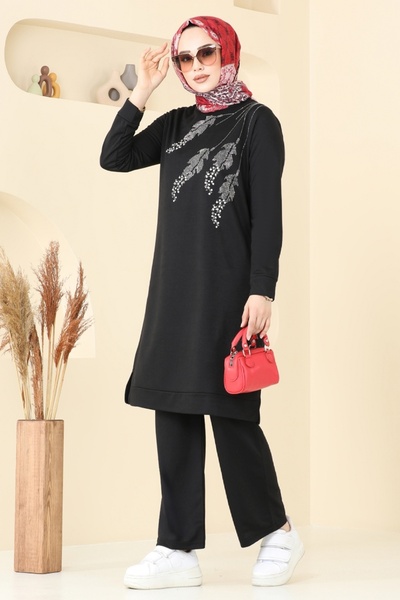 ModaMerve Taş Detaylı Tesettür Takım 6030UZ662-MS Siyah