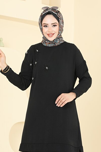 ModaMerve Boncuk Detaylı Tesettür Takım 6013UZ662-MS Siyah