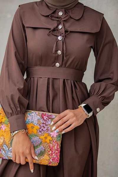 Tesettür Çarşım Ninna Collar Detail Cotton Dress-Brown