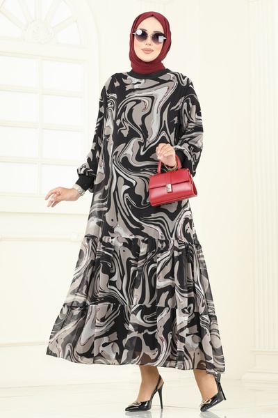 ModaMerve Ethnic Pattern Chiffon Dress 6071Uz662-Ms Pattern2 Vision&Black